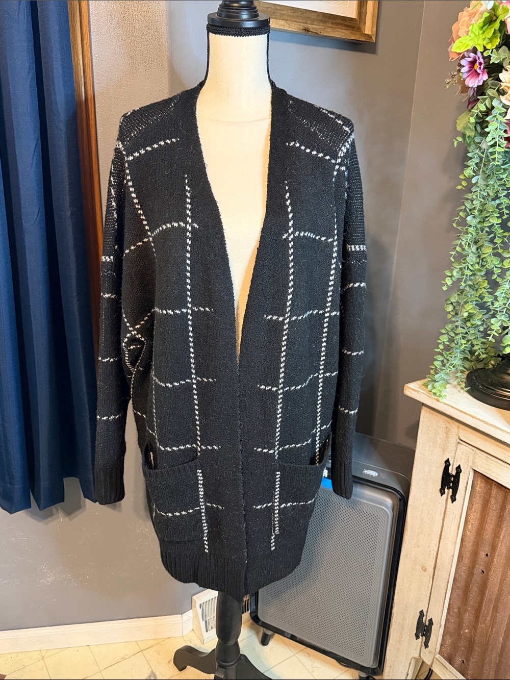 Maurices Black Open-Front Windowpane Cardigan